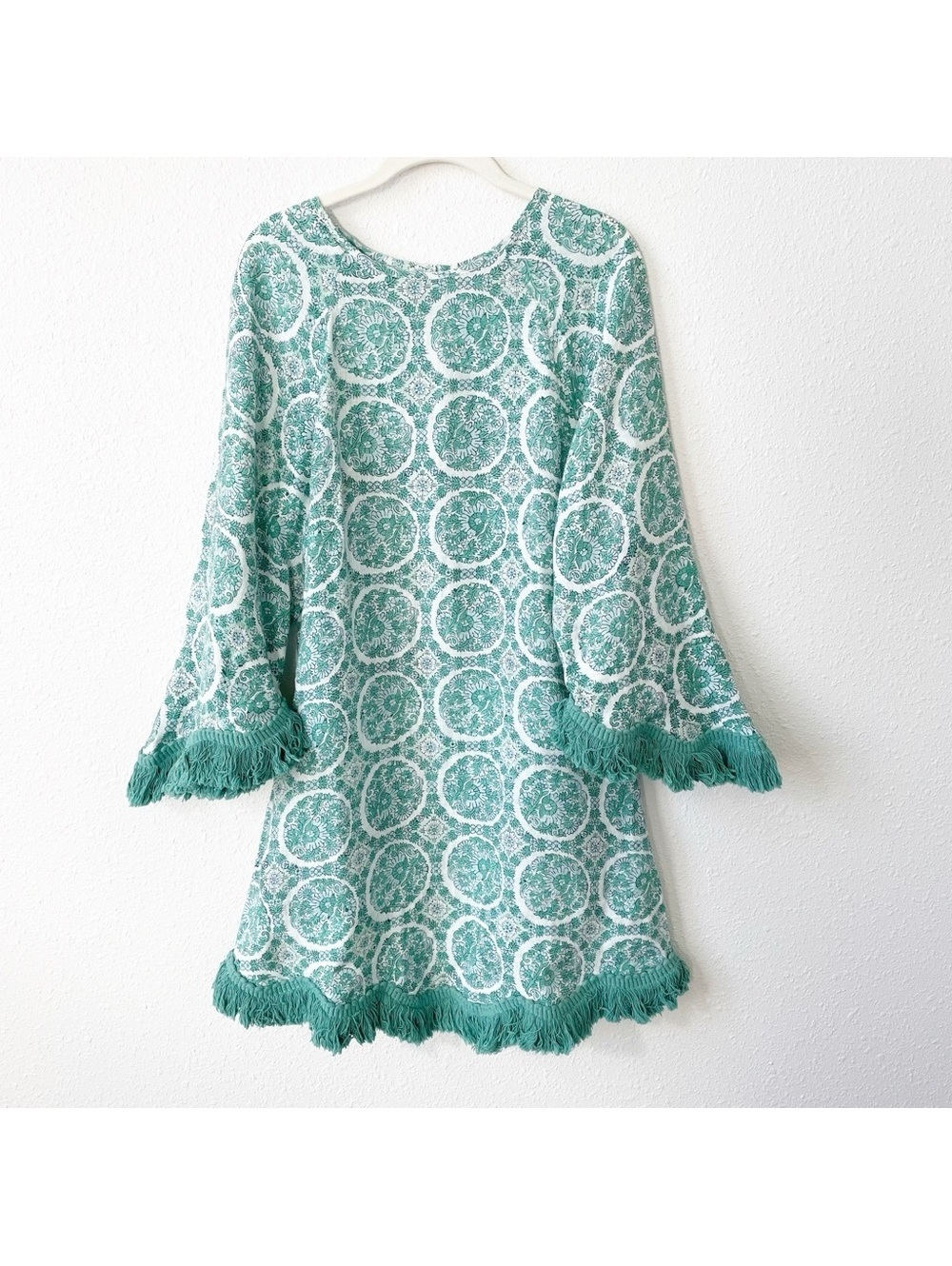 HANNAH ARTWEAR Sienna Fringed Block Print Linen Dress Rockpool Bohemian 1 / US 6